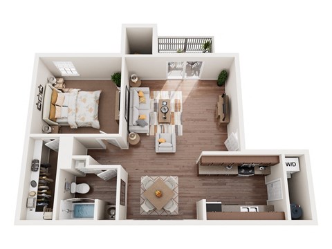 a stylized floor plan with a bedroom and a living room